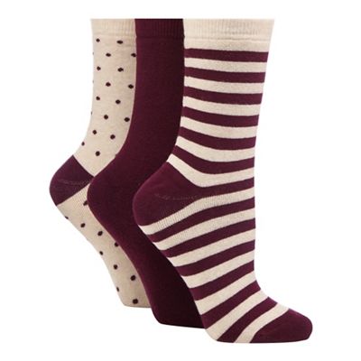 Pack of three maroon chunky spot and striped print thermal socks
